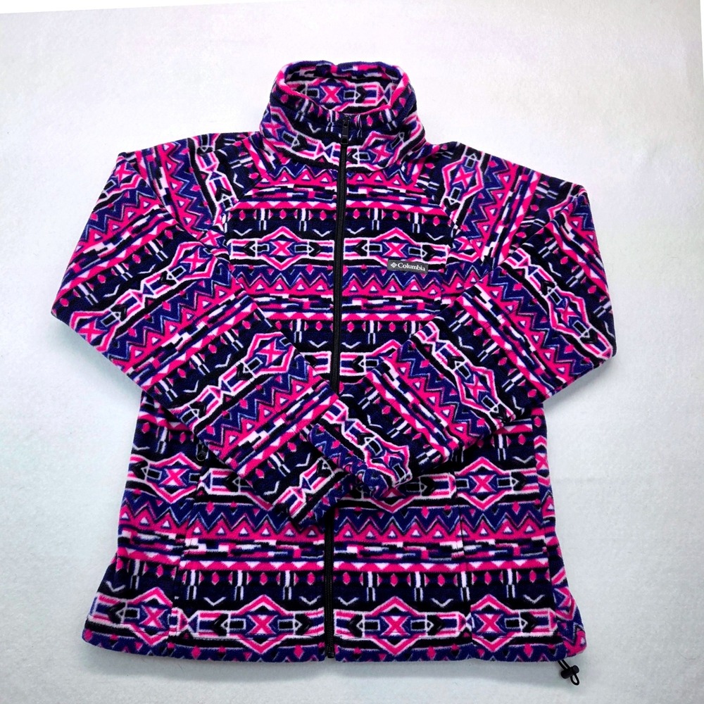 Columbia Fleece Jacket Womens L Pink Purple Aztec Geometric Full Zip Mock Neck